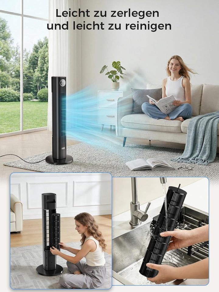 YASHE Turmventilator mit Fernbedienung, leiser Standventilator mit 28 dB, 3 Geschwindigkeiten, 4 Mod