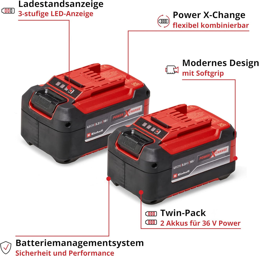 Original Einhell Akku PXC-Twinpack 5,2 Ah Power X-Change (Li-Ion, 18 V, 2x 5,2 Ah-Akkus, universell