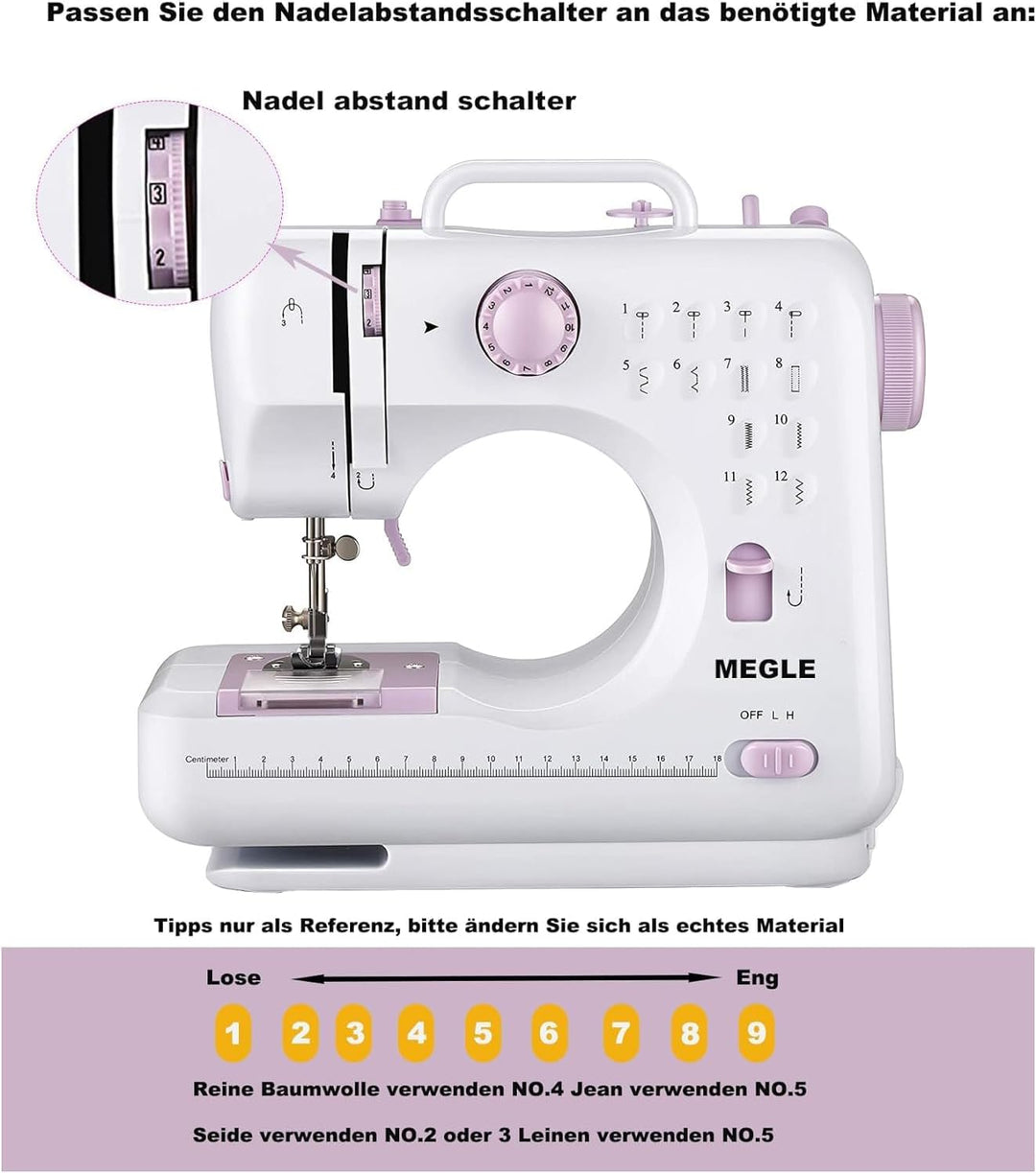 Nähmaschine für Anfänger, kleine Nähmaschine mit Fusspedal, Handbuch in 5 Sprachen, zwei Stromversor
