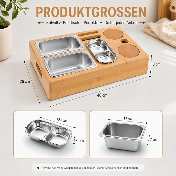 Couchbar Snackbox, Bambus Sofa Tablett mit 2 Getränkehaltern | 3 Snackschalen aus Edelstahl, Geschen