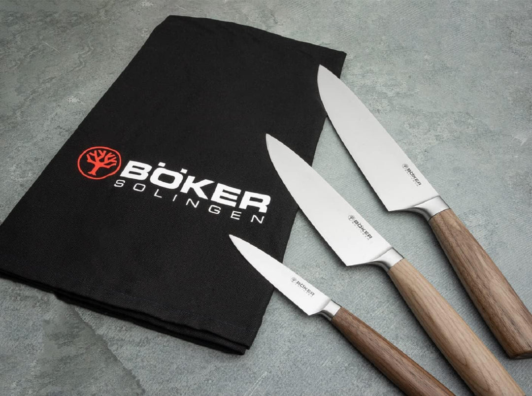 Böker Manufaktur Solingen Core Messertrio mit Geschirrtuch Kochmesser Set 3-teilig X50CrMoV15/Walnus
