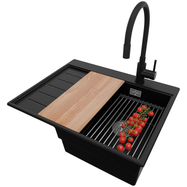 PRIMAGRAN Granitspüle Schwarz 62x50cm, Spülbecken 1 Becken + Küchenarmatur 40x38cm + Ablauf-Set, Küc
