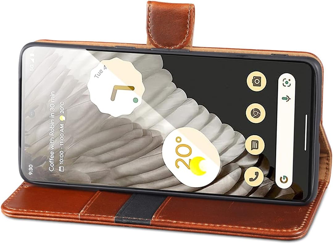 LENSUN Echtleder Hülle für Google Pixel 7 Pro, Handyhülle [Echtes Leder] [Magnetverschluss] Flip Han