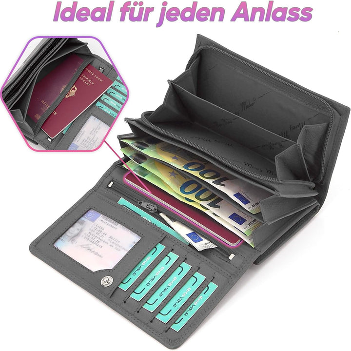 ekavale Damen-geldbörse XXL aus Rindsleder mit RFID Leder-Geldbörse mit vielen Fächern für Frau (Gra