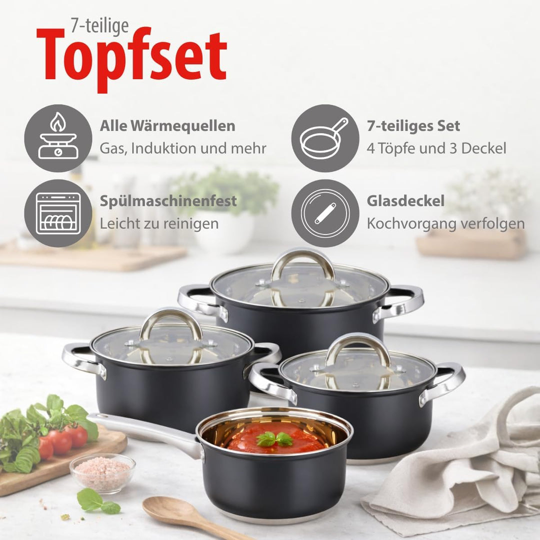 alpina Induktions-Topfset 4-teilig – Edelstahl Kochtöpfe mit Glasdeckel – Kochtopfset Geeignet für A