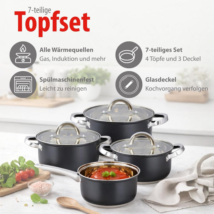 alpina Induktions-Topfset 4-teilig – Edelstahl Kochtöpfe mit Glasdeckel – Kochtopfset Geeignet für A