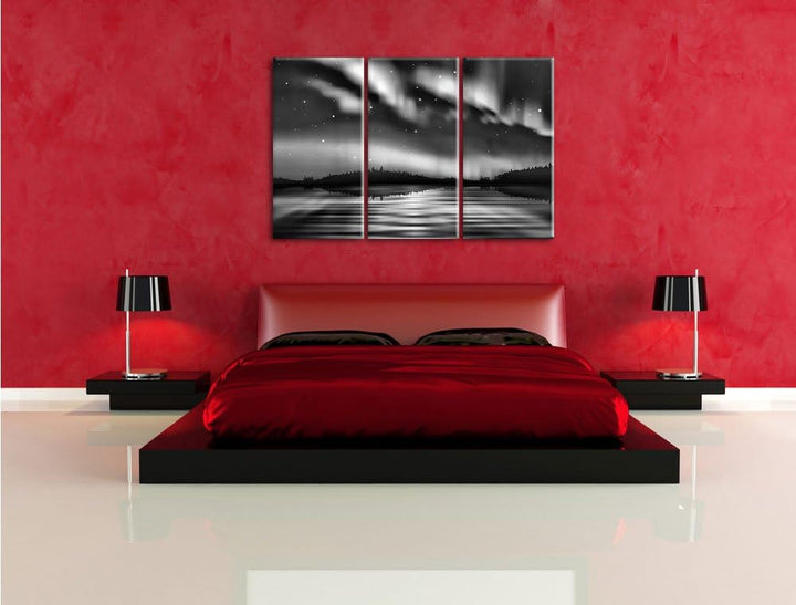 Pixxprint Monocrome, Polarlichter in Alaska 3-Teiler Leinwandbild 120x80 Bild auf Leinwand