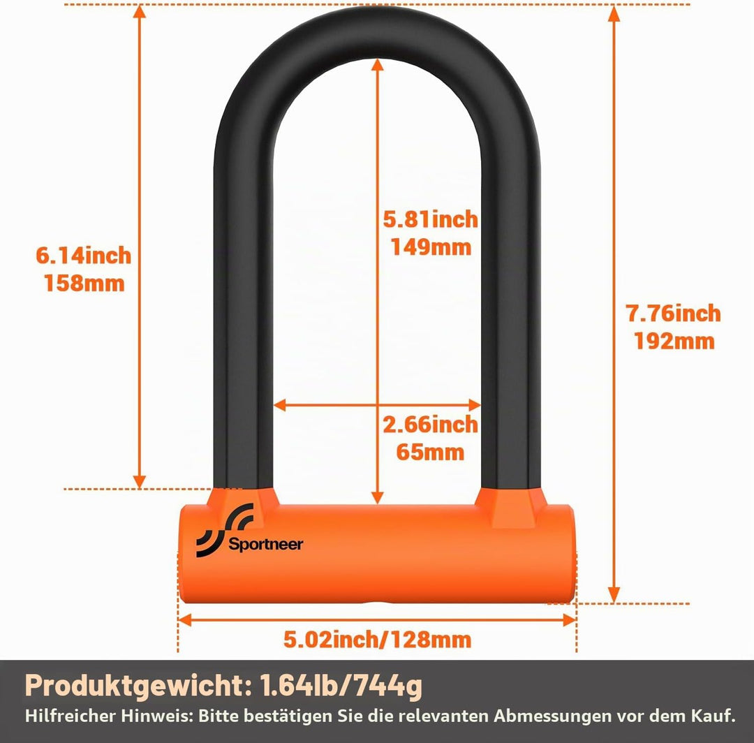 Sportneer Fahrradschloss - 17 mm Bügelschloss Schweres Fahrrad Bügelschloss mit 1,5m Kabel fürs Renn
