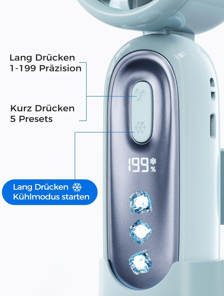 MAGIC JOHN Mini Ventilator mit Kühlung, 199 Lüfterstufen, bis zu 11h Laufzeit, USB-C Akku aufladbar,