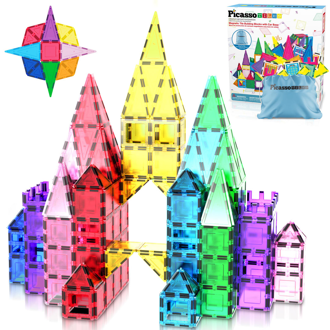 PicassoTiles Magnet-Bausteine mit Auto-Basis, Aufbewahrungstasche mit Kordelzug, Reisetasche, Trag