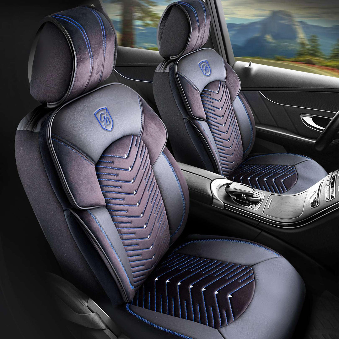 Autositzbezüge Universal für PKW & SUV – Premium Vordersitze Auto Sitzbezug aus Samt, Schwarz-Blau,