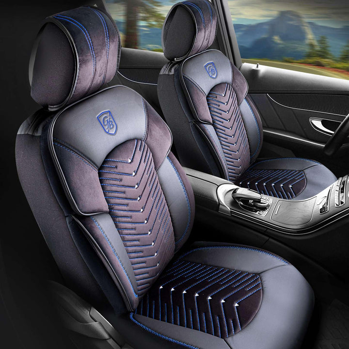 Autositzbezüge Universal für PKW & SUV – Premium Vordersitze Auto Sitzbezug aus Samt, Schwarz-Blau,
