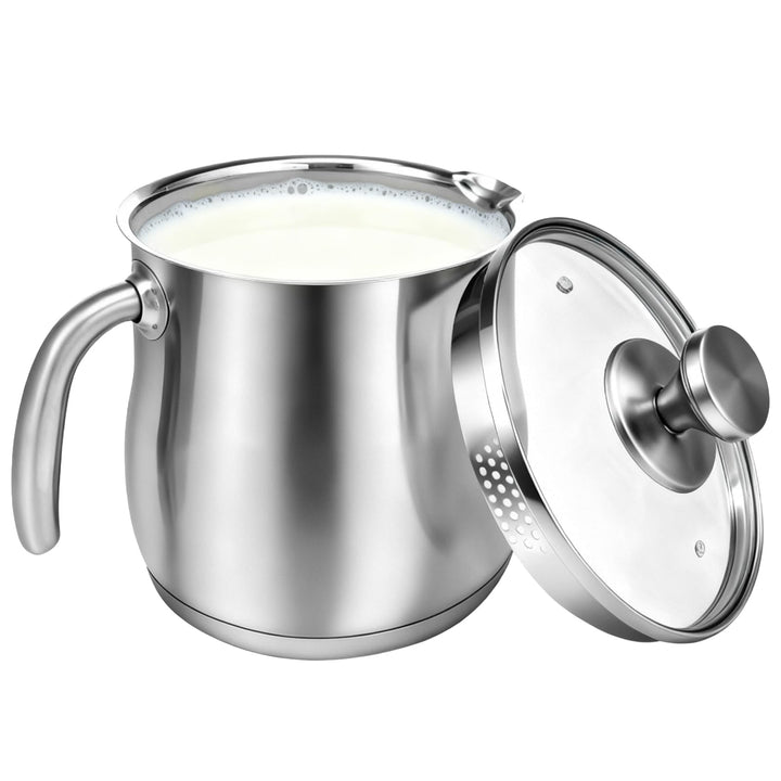 14cm Milchtopf Induktion mit Glasdeckel, 2L 304 Edelstahltopf mit Griff Dampfloch und Ausgiesser, Dr