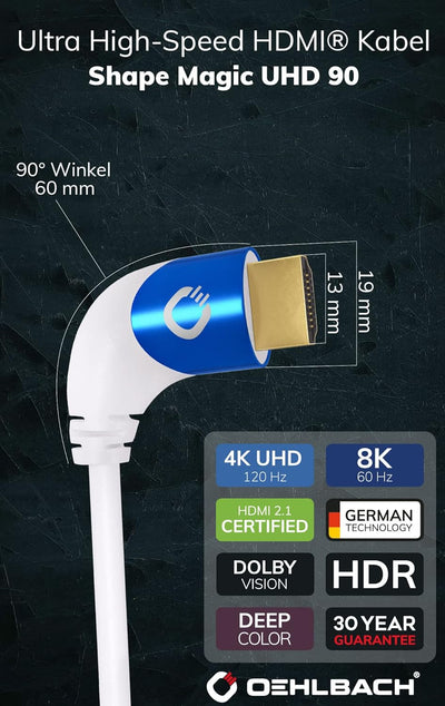 Oehlbach Shape Magic 90 UHD - 8K Ultra High Speed 2.1 HDMI-Kabel - Zertifiziert 48 Gbps (90 Grad Win