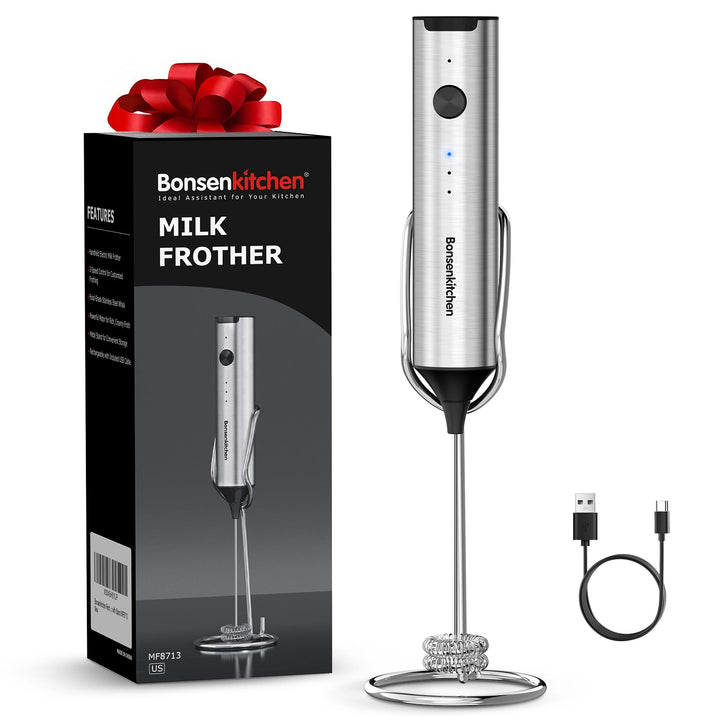 Bonsenkitchen Wiederaufladbarer Handmilchaufschäumer mit Ständer, 3-Geschwindigkeiten elektrischer M