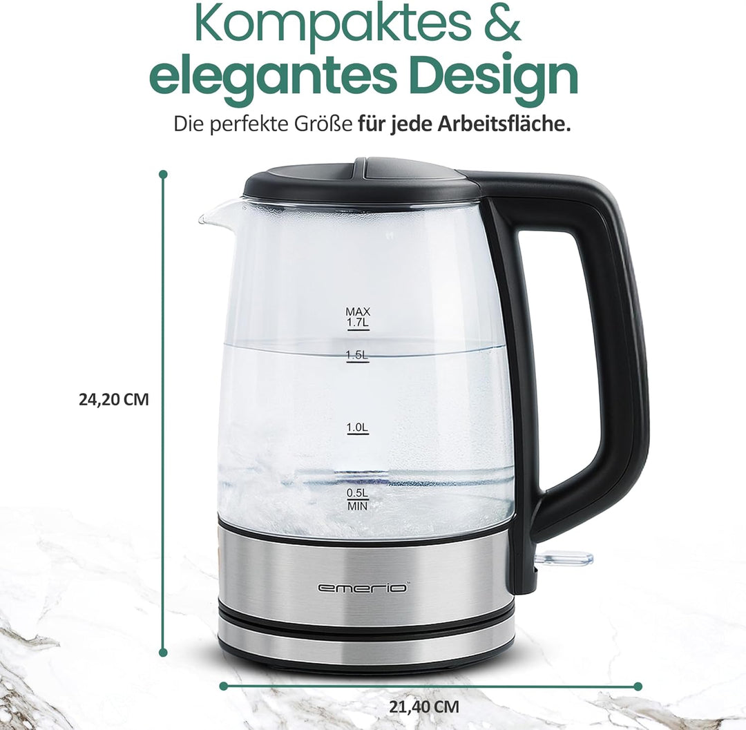 EMERIO Glas Wasserkocher mit 1.7 Liter Volumen | 2200 Watt | blaue LED Innenbeleuchtung | 360° Basis