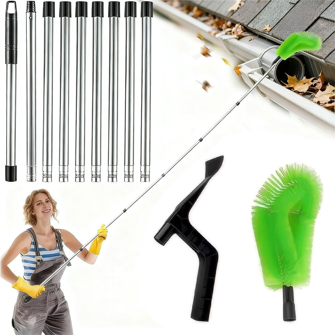 390cm 2in1 Dachrinnenreiniger,Dachrinnenbürste mit 10Pcs Teleskopstiel+2Pcs Reinigungslöffel+Schaufe