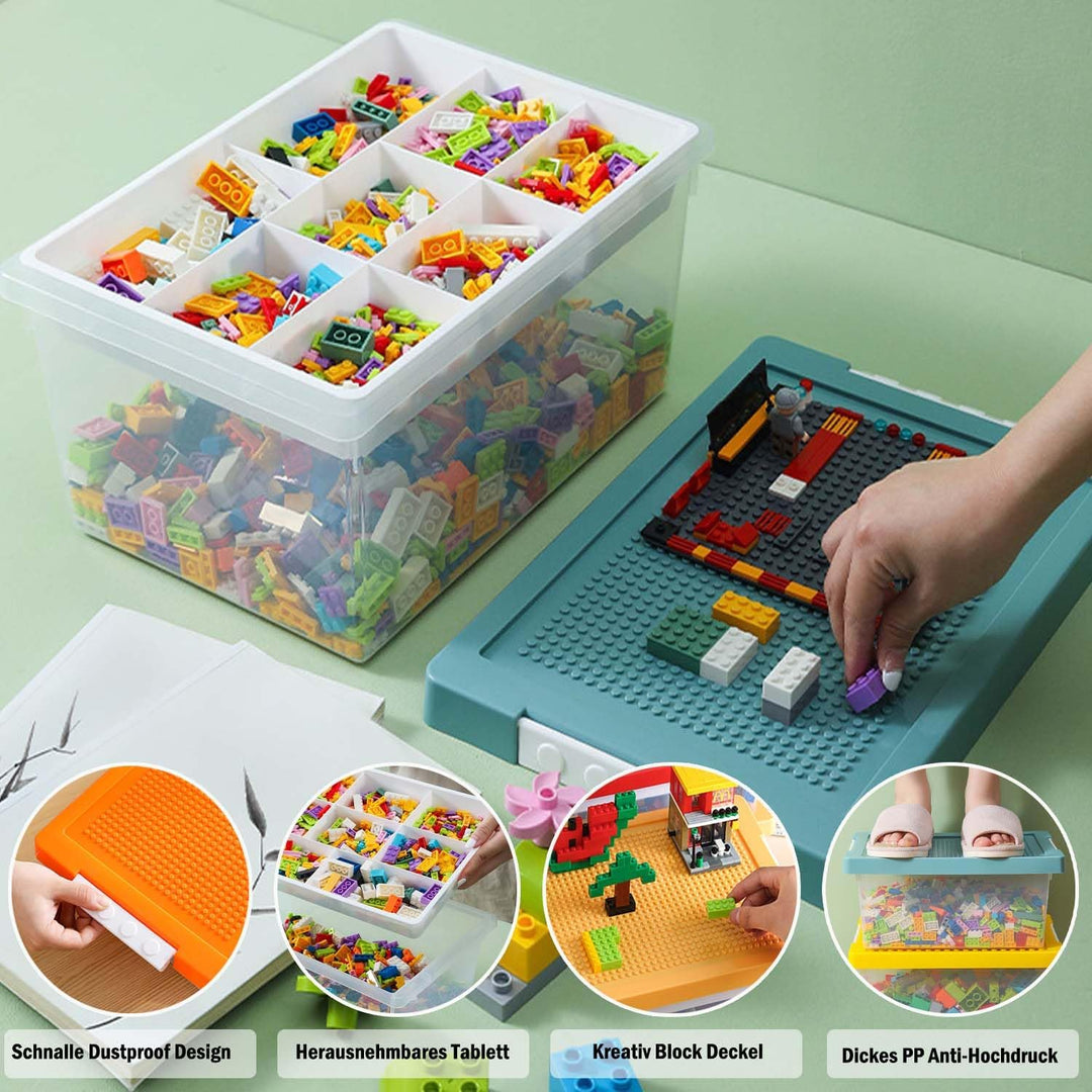 Aufbewahrungsboxen mit Deckel für Bausteine, Spielzeugkiste mit Abnehmbares Tablett und Bauplatte, S