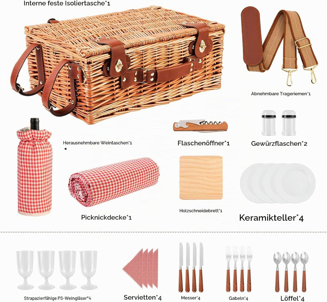 Wicker Picknickkorb Set für 4 Person mit Kühlfach und wasserdichte Picknickdecke, Abnehmbarer Riemen