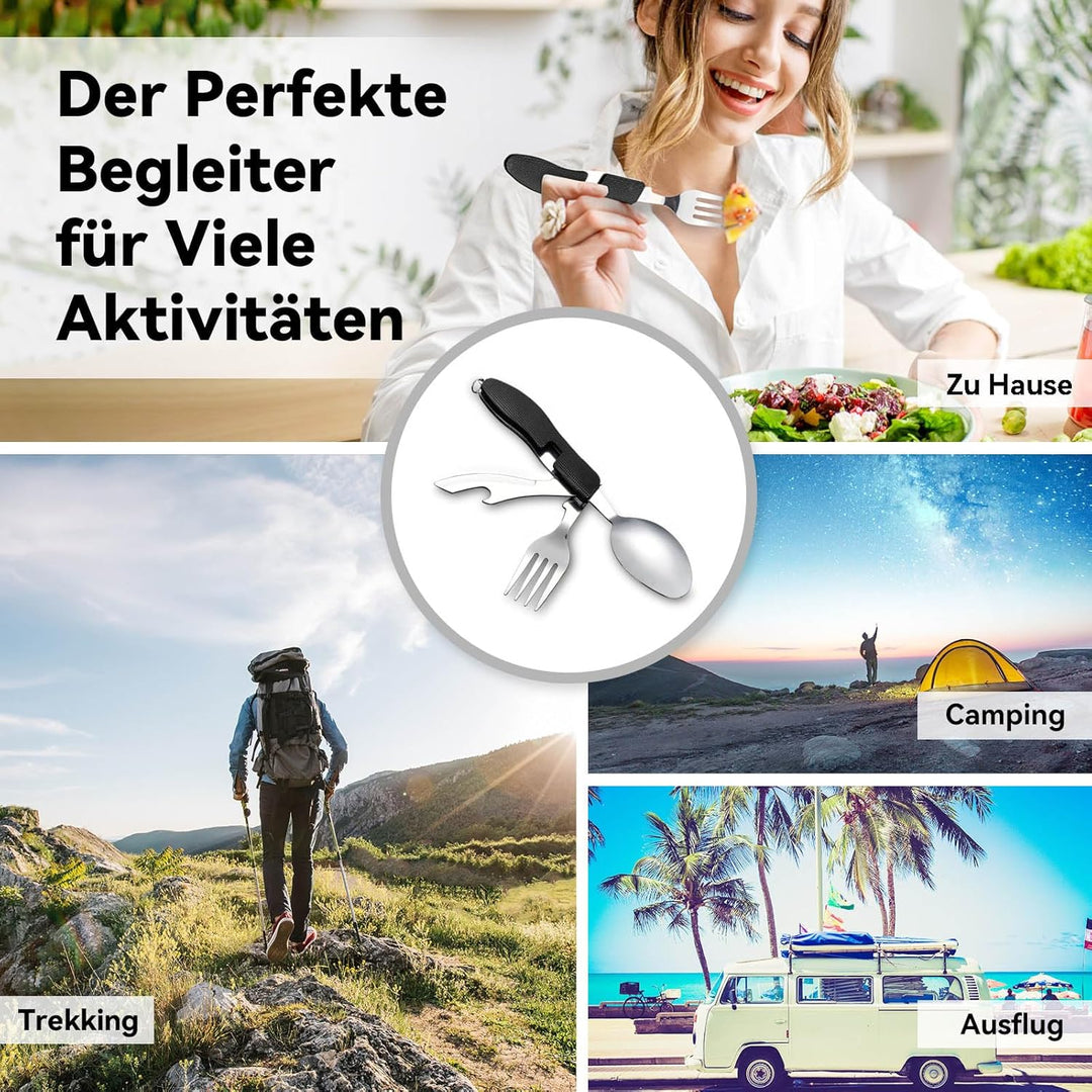 HIKENTURE® Outdoor Campingbesteck Set - Klappbesteck Outdoor Besteck aus Edelstahl mit Gürteltasche