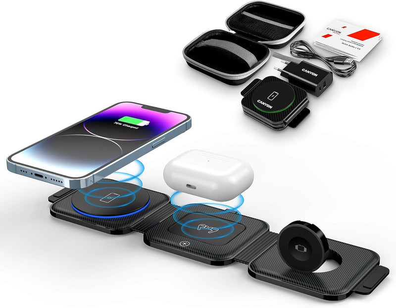 CANYON Faltbar 3 in 1 Ladestation Apple Watch und iPhone Airpods mit Reisetasche Wireless Charger 3