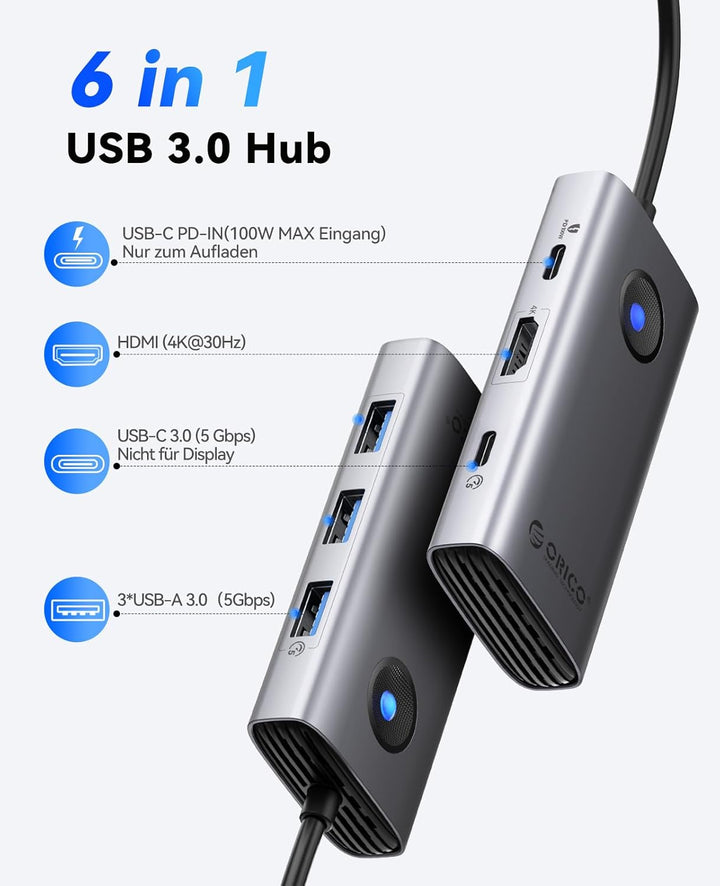 ORICO Docking Station, 6 in 1 USB C Hub Dock mit HDMI 4K+PD100W+4×USB3.0, USB 3.0 Hub Multiport Adap