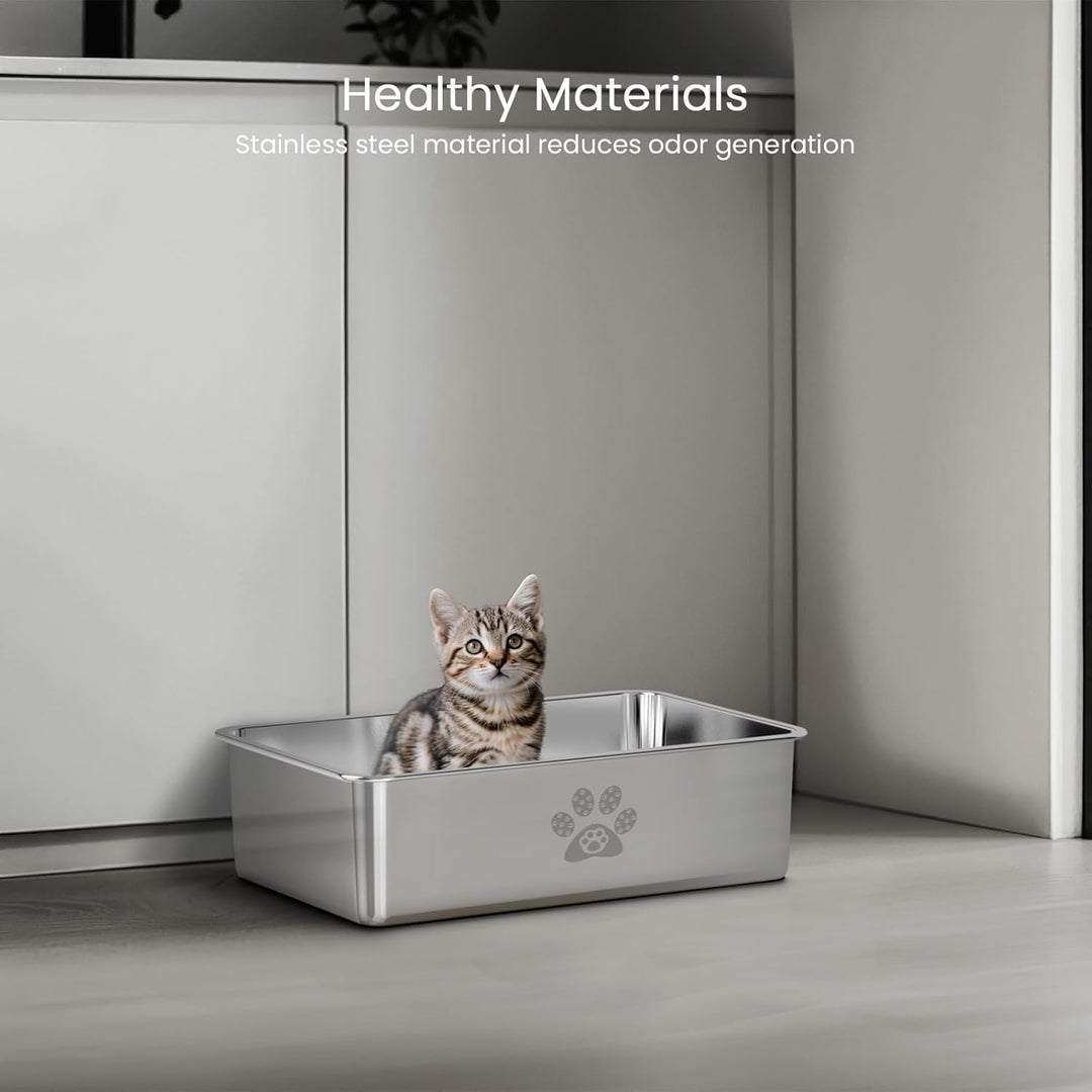 PTLOM Edelstahl Katzenklo, Katzentoilette aus Metall, Spritzwassergeschützt, Geruchsfrei und Antihaf