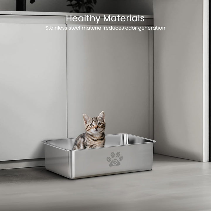 PTLOM Edelstahl Katzenklo, Katzentoilette aus Metall, Spritzwassergeschützt, Geruchsfrei und Antihaf