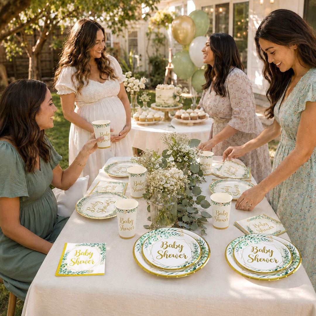 Babyparty Deko Neutral Partygeschirr Set für 25 Personen, 100 Stück Grün Gold wiederverwendbare Kart