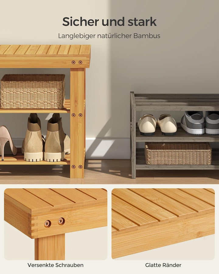 SONGMICS Bambus Schuhregal, Schuhschrank mit Sitzbank, Schuhbank mit 3 Ablagen 90 x 28 x 45 cm ideal