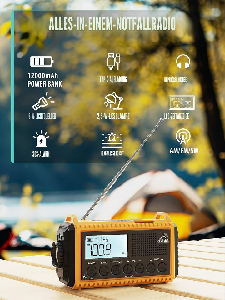 Notfallradio | 12000mAh Powerbank | Kurbelradio |Solar Radio mit Weltempfänger | AM/FM/SW, SOS, USB-