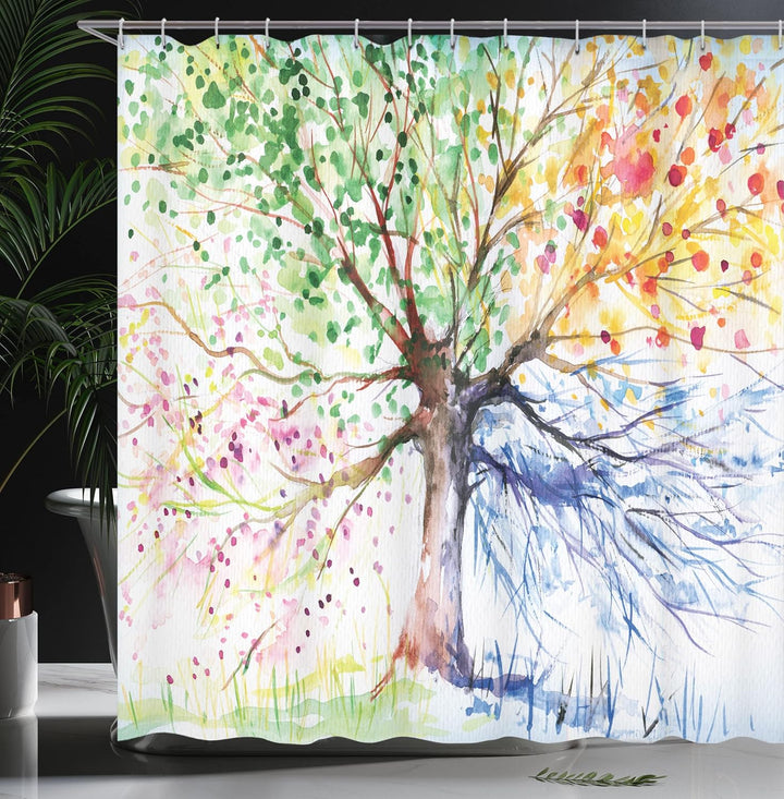 ABAKUHAUS Aquarell Duschvorhang, 4 Jahreszeiten Bunte, Stoffliches Gewebe Badezimmerdekorationsset m
