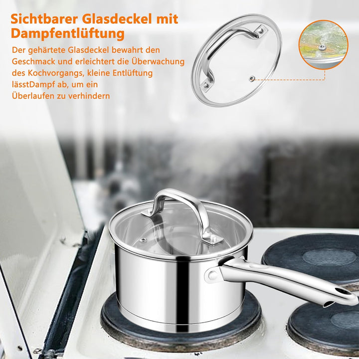 TEAMFAR Stielkasserolle, 14cm klein Edelstahl Milchtopf Topf Induktion mit Glasdeckel, 3-Lagen Boden