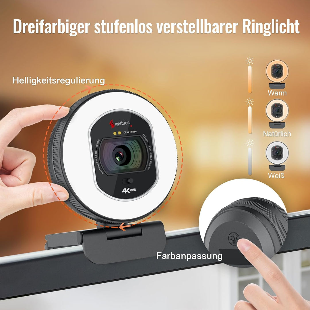 Angetube Webcam 4K mit Licht – Streaming-Kamera für PC mit Dual-AI-Rauschunterdrückungs-Mikrofon, Au