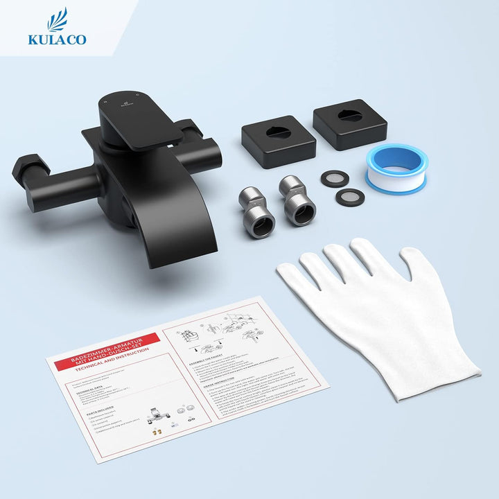 KULACO Badewannenarmatur Wasserfall Schwarz, Mischbatterie Badewanne Wannenbatterie, Messing Wasserh