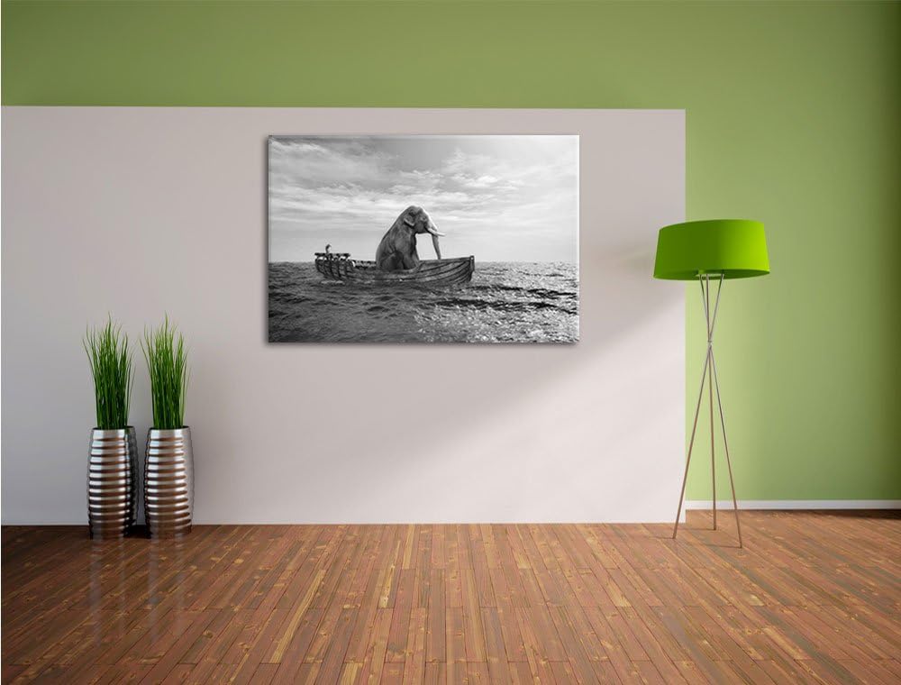 Pixxprint lustig sitzender Elefant im Boot Kunst B&W, Format: 100x70 auf Leinwand, 100x70