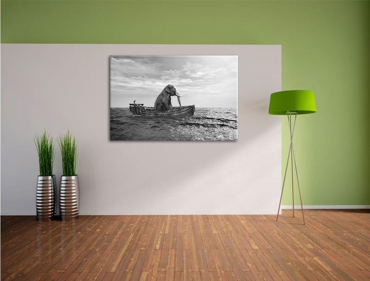 Pixxprint lustig sitzender Elefant im Boot Kunst B&W, Format: 100x70 auf Leinwand, 100x70
