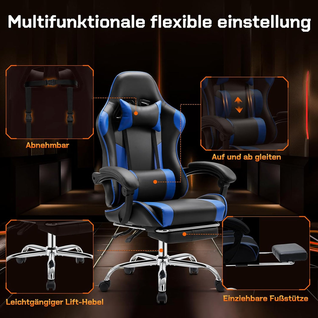 Sweetcrispy Gaming Stuhl,Ergonomischer Bürostuhl mit Fussstütze,Gamer PC Stühle mit Kopfstütze Lende