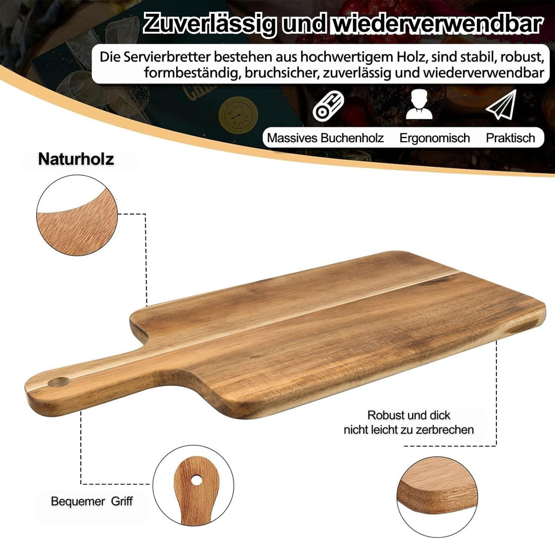 5er Set Akazienholz Schneidebrett mit Griff 40x20 cm – Massives Holzbrett Küche als Servierbrett, Fl