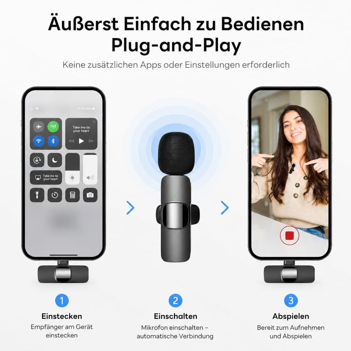 Kabelloses Lavalier Mikrofon für iPhone &amp; Android, Ansteckmikrofon mit USB-C &amp; Lightning, Handy Mikr