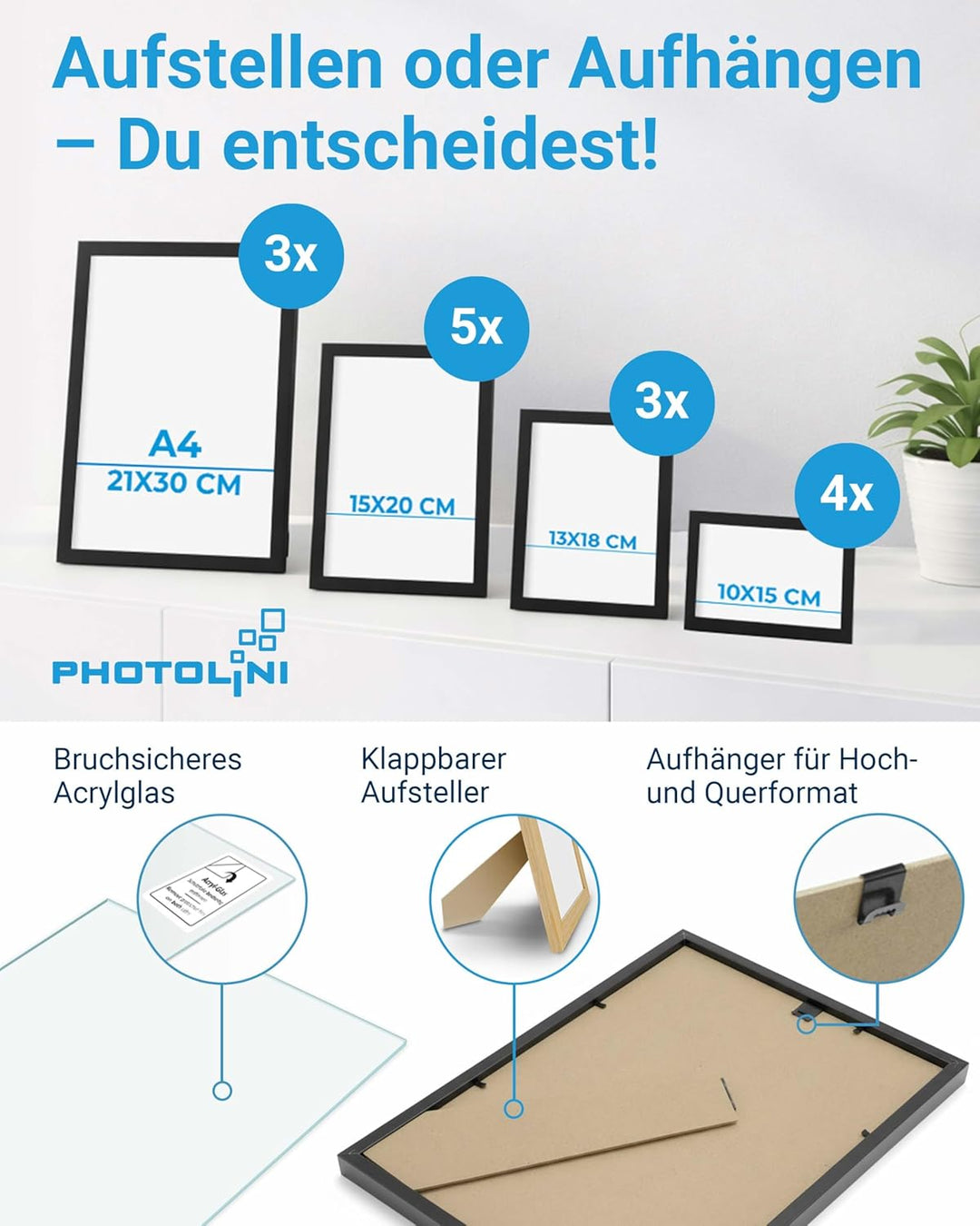 PHOTOLINI Bilderrahmen Set verschiedene Grössen schwarz, 15 Bilderrahmen Treppenaufgang Holz MDF, Bi
