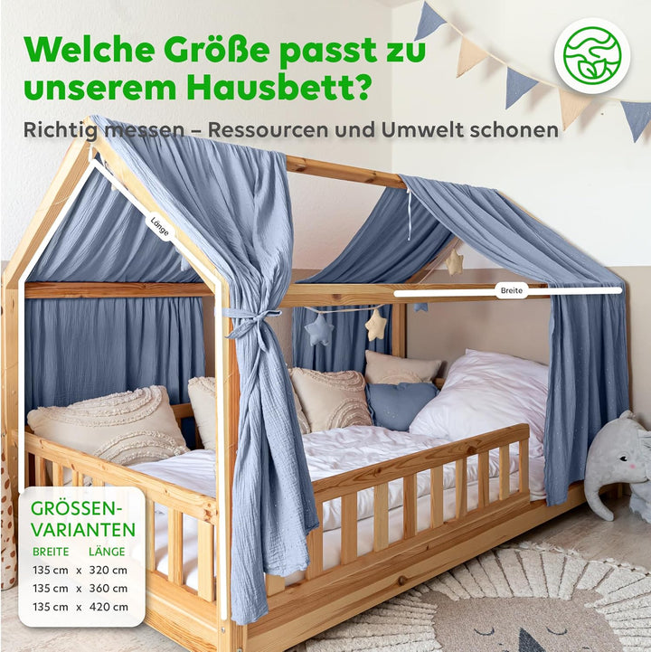 Hausbett Himmel mit Gold Applikation [in 12 Farben] Betthimmel Hausbett aus 100% Baumwolle Musselin