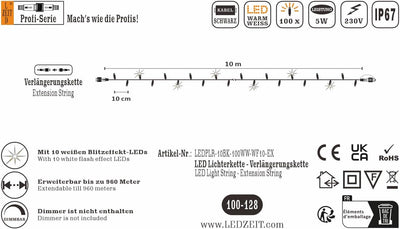 LEDZEIT - Profi Serie - Verlängerung Lichterkette, Ohne Netzkabel, 10m, 100 Warmweiss LEDs, Blinkend