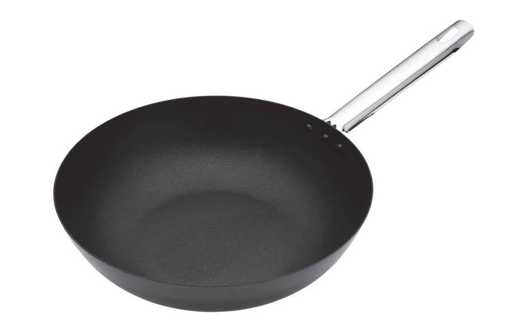 KitchenCraft MasterClass Wok, 2mm dicker Karbonstahl, Antihaftbeschichtung, Edelstahlgriff, Induktio