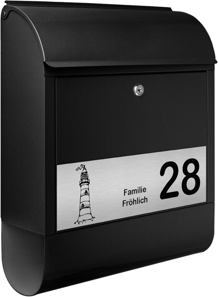banjado® Briefkasten personalisiert mit graviertem Namensschild in Silber/Briefkasten schwarz 39x47x