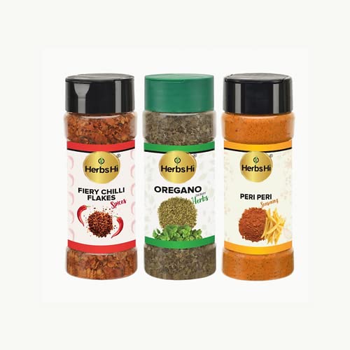 HerbsHi Everyday Combo: Feurige Chiliflocken (35 g), Oregano-Kräuter (30 g), Peri Peri Masala (60 g)