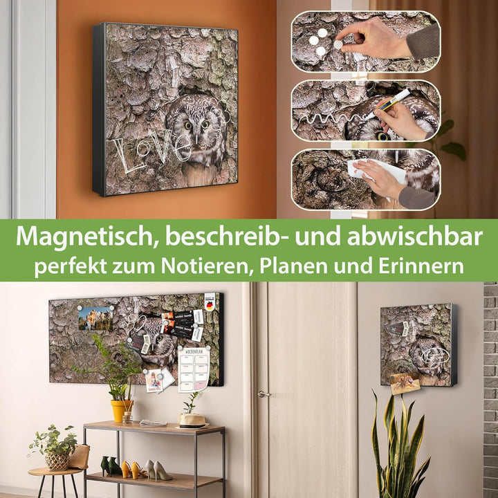 banjado® Grosser Schlüsselkasten Glas/Schlüsselbox 30cm x 30cm mit 50 Haken - Motiv Eule/Schlüsselka