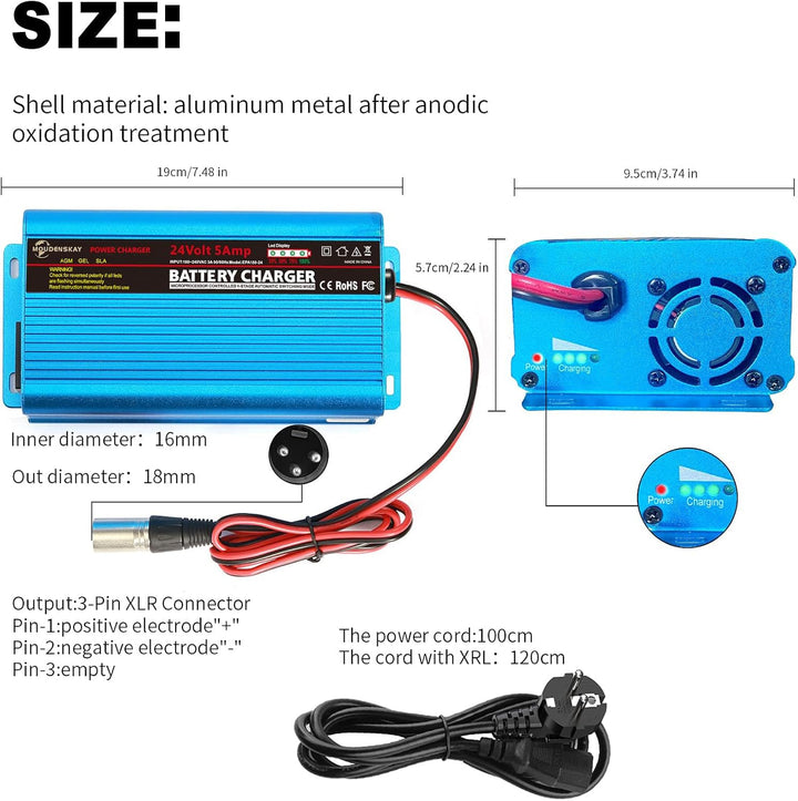 MOUDENSKAY 24V 5A Batterie Ladegerät 24V Batterieladegerät Mit XLR-Anschluss für Roller Rollstuhl Au