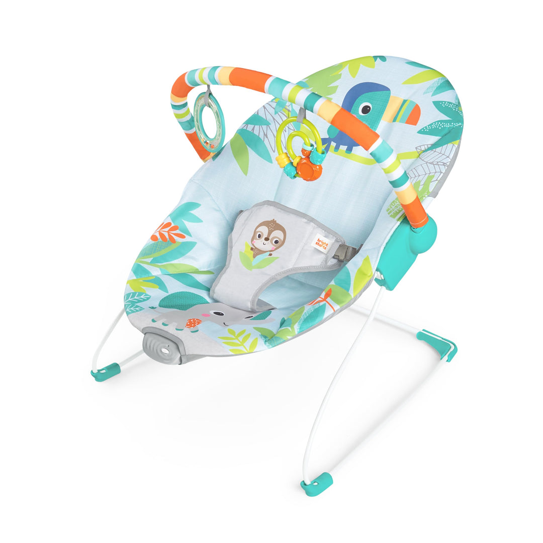 Bright Starts, Rainforest Vibes Wippe mit Vibrationen, Spielbogen, 2 Spielzeugen, Sicherheitsgurt un