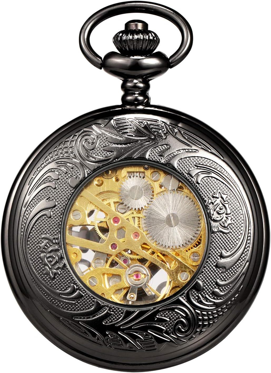 TREEWETO Unisex Taschenuhr mit Kette Analog Handaufzug Antik Kupfer Skelett Schwarz